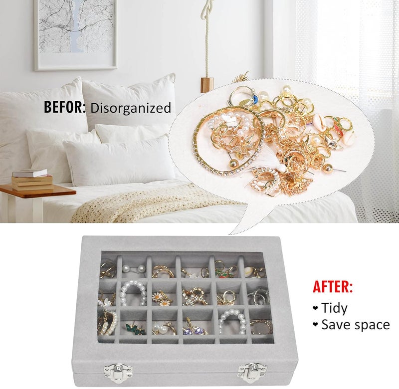 Vicoter Velvet Jewelry Box 24 Grid Jewelry Ring Display Organiser Box Tray Holder Earrings Storage Case for Girls Wife Mom Women (Gray) - Image 5