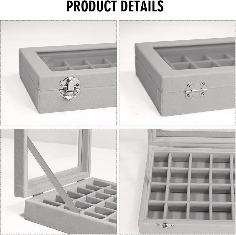 Vicoter Velvet Jewelry Box 24 Grid Jewelry Ring Display Organiser Box Tray Holder Earrings Storage Case for Girls Wife Mom Women (Gray) - Image 4
