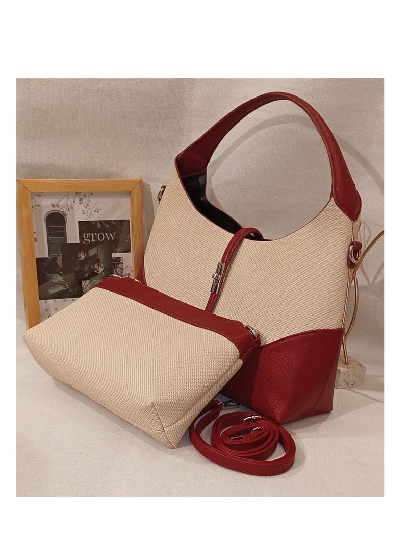 A distinctive women's bag with an adjustable handle, containing another bag inside