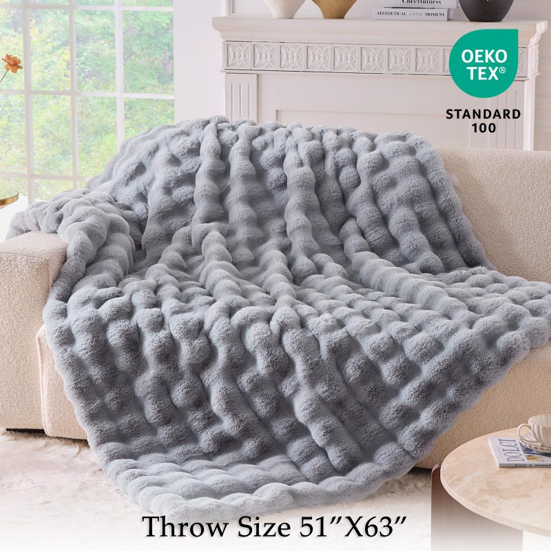 BENVWE Fluffy Faux Fur Throw Blanket for Couch, Soft Plush Thick Cozy Fuzzy Luxury Minky Bubble Blanket for Home Living Room Decor Gift for Women, Light Grey, 51" x 63", 1100GSM - Image 2