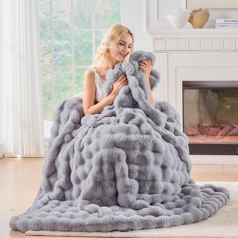 BENVWE Fluffy Faux Fur Throw Blanket for Couch, Soft Plush Thick Cozy Fuzzy Luxury Minky Bubble Blanket for Home Living Room Decor Gift for Women, Light Grey, 51" x 63", 1100GSM - Image 5