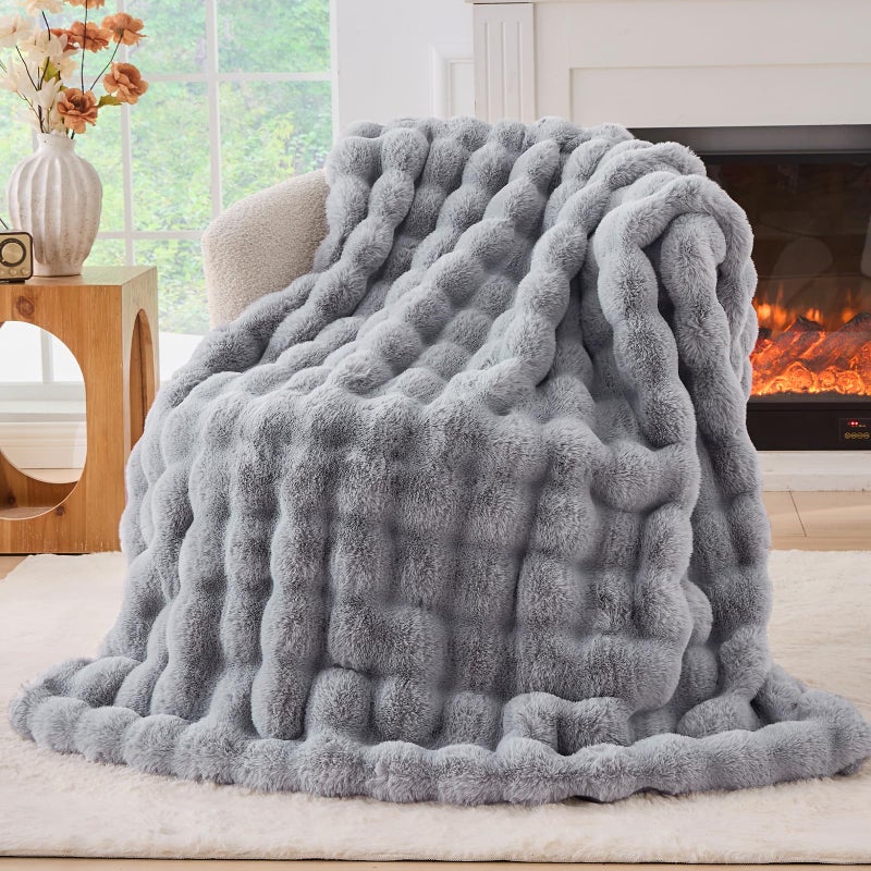 BENVWE Fluffy Faux Fur Throw Blanket for Couch, Soft Plush Thick Cozy Fuzzy Luxury Minky Bubble Blanket for Home Living Room Decor Gift for Women, Light Grey, 51" x 63", 1100GSM - Image 1