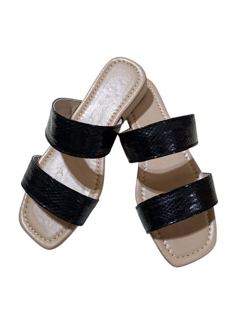 Karisma Simple Double Strap Flat Squared Toe Slipper With Snake Print Material - Image 1