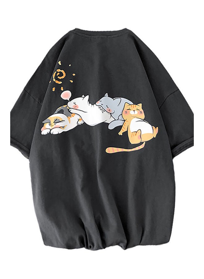 Cartoon Cats Printed T-Shirt Black//Grey/Beige - Image 1