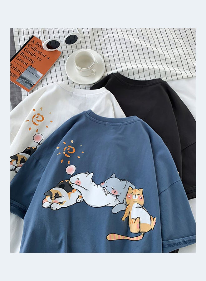 Cartoon Cats Printed T-Shirt Black//Grey/Beige - Image 5