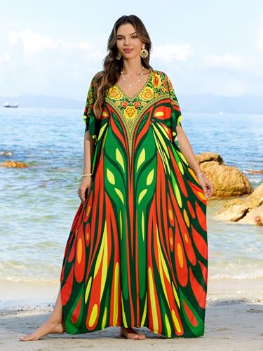 IMAGEKOPE Moroccan Print V-Neck Batwing Kaftan Women's Plus Size Loose Fit Beach Dress Bathing Suit Cover Up Loungewear - Image 3