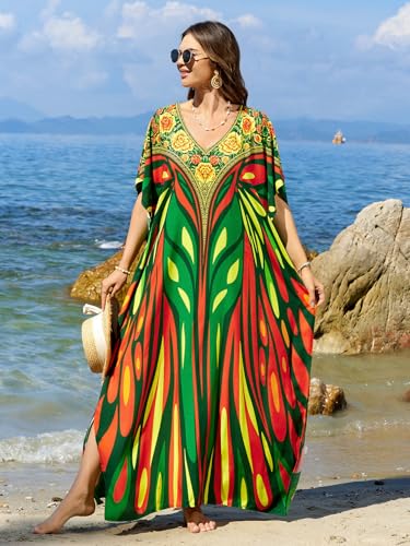 IMAGEKOPE Moroccan Print V-Neck Batwing Kaftan Women's Plus Size Loose Fit Beach Dress Bathing Suit Cover Up Loungewear - Image 5