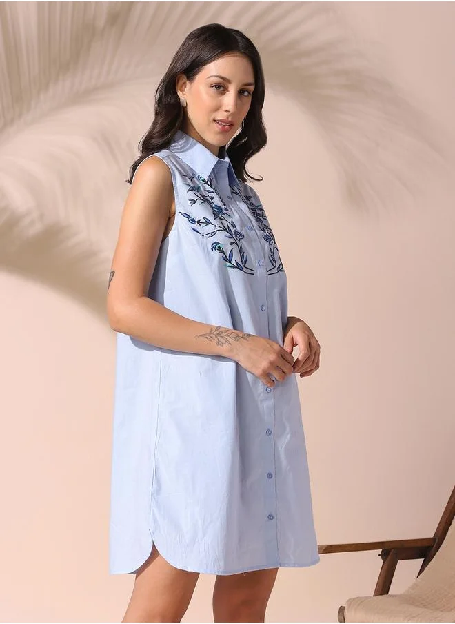 Dennis Lingo Women ice blue regular fit embroidered sleeveless cotton dress with button closure featuring a spread collar- a fresh take on timeless style.