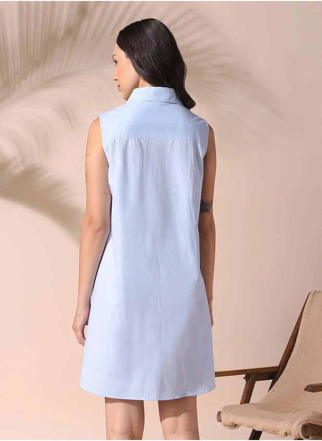 Dennis Lingo Women ice blue regular fit embroidered sleeveless cotton dress with button closure featuring a spread collar- a fresh take on timeless style.
