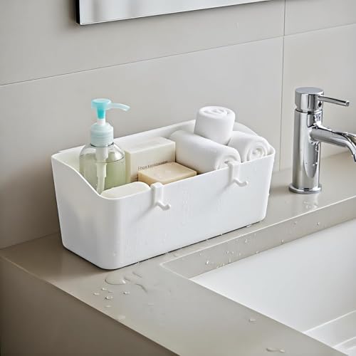 MosQuick® Elegant Bathroom Organiser Without Drill Plastic Rectangular Multipurpose Wall Shelves: Self-Adhesive Storage Rack for Bathroom and Kitchen with 4 Hooks Strong Wall Holder (Pack of 2) - Image 2