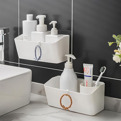 MosQuick® Elegant Bathroom Organiser Without Drill Plastic Rectangular Multipurpose Wall Shelves: Self-Adhesive Storage Rack for Bathroom and Kitchen with 4 Hooks Strong Wall Holder (Pack of 2) - Image 1