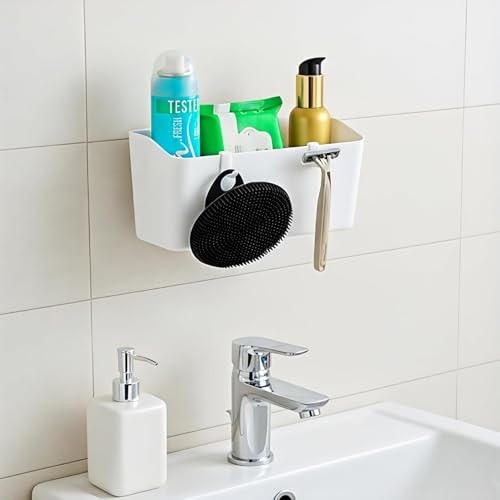 MosQuick® Elegant Bathroom Organiser Without Drill Plastic Rectangular Multipurpose Wall Shelves: Self-Adhesive Storage Rack for Bathroom and Kitchen with 4 Hooks Strong Wall Holder (Pack of 2) - Image 5