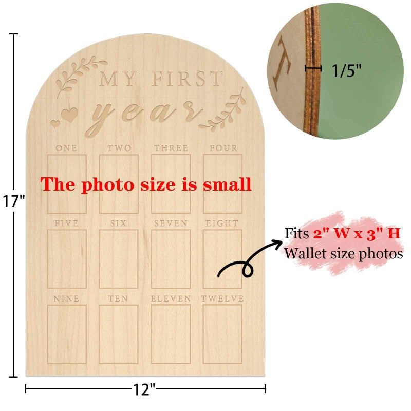 hongpar My First Year Photo Display Wood Board Baby's First Year Photo Frame Milestone Board 12 Months Baby Picture Frame 1st Birthday Nursery Decorations for Boy Girl Baby Keepsake Gift for Mom (2" x 3" photos - Wallet Size) - Image 2
