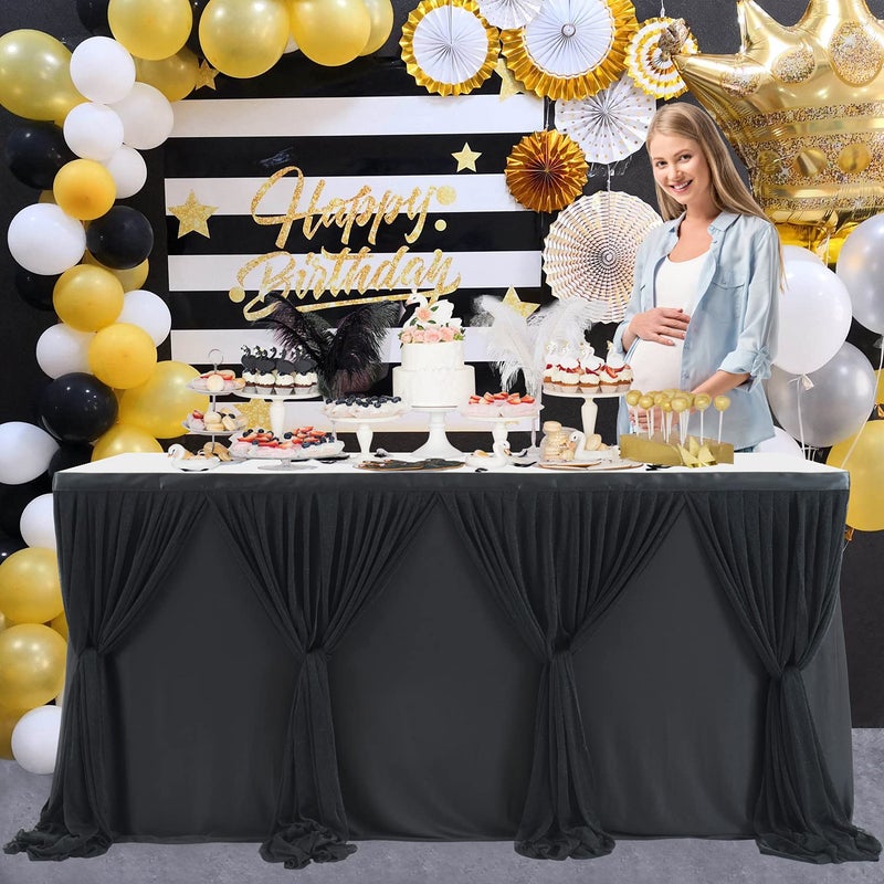 Suppromo 6ft Black Table Skirt for Birthday Party Ruffle Tutu Table Skirt Tulle Tablecloth for Graduation Baby Shower Wedding Black Gold Theme Party Dessert Buffet Banquet Table Decorations Supplies 