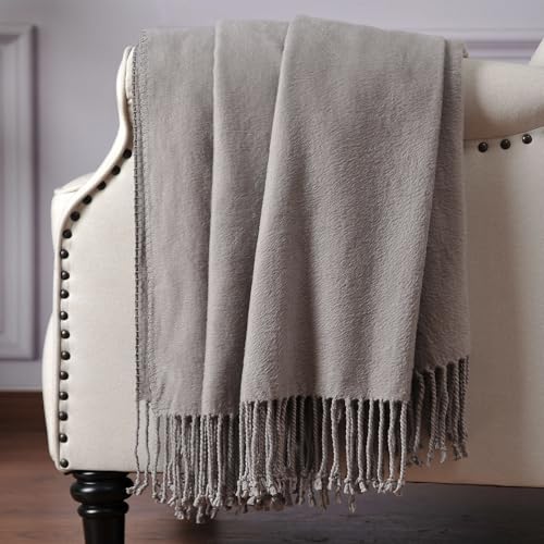 CUDDLE DREAMS Silk Throw Blanket with Hand-Knotted Fringe, Natural, Soft & Breathable (Gray) - Image 1