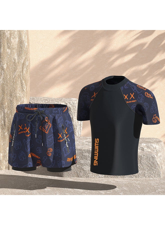 Generic Swimwear Men's Professional Anti-embarrassment Large Size Loose Double-layer Swimming Trunks Sunscreen Hot Spring Full Body Men's Swimwear Suit-Color:Orange Bear Two-piece "swimsuit + Swimming Trunks]-Size:5XL (weight 95.00 Kg-115.00 Kg  - Image 1
