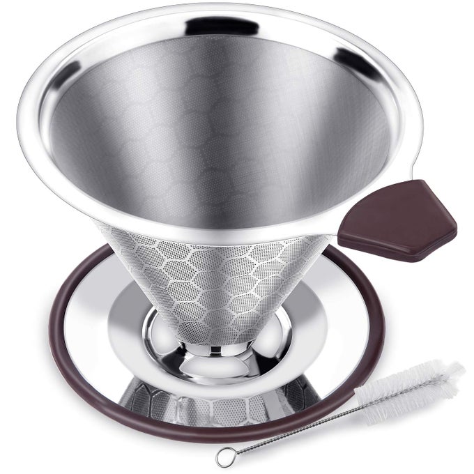 POUR OVER COFFEE FILTER DRIPPER REUSABLE STAINLESS STEEL METAL DRIP COFFEE MAKER CONE PAPERLESS PERMANENT COFFEE STRAINER COFFEE MESH FILTERS FOR 14 CUP WITH CLEANING BRUSH