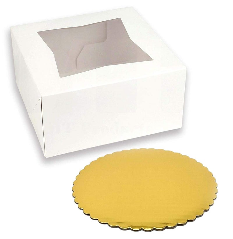 BAKEFY BAKEFY 5 White Cake Box 5 Piece Cake Board Combo Pack Pastry Bakery Box with Window for Cookies Cupcakes Donuts Muffin - Image 1