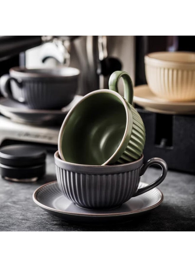 Pinyu Ceramic Coffee Cup Set Latte Art Cup Afternoon Tea Cup French Cup Saucer With Spoon Round Vertical Striped 280Ml - Image 4