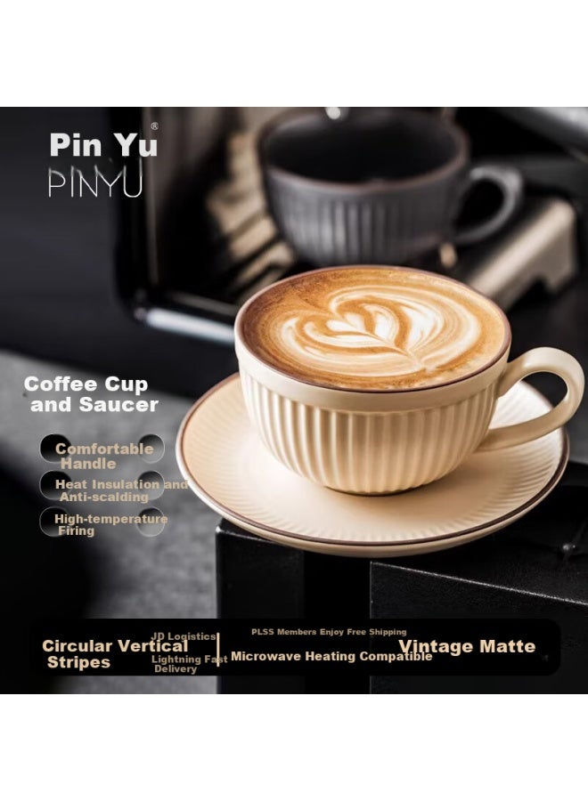 Pinyu Ceramic Coffee Cup Set Latte Art Cup Afternoon Tea Cup French Cup Saucer With Spoon Round Vertical Striped 280Ml - Image 1