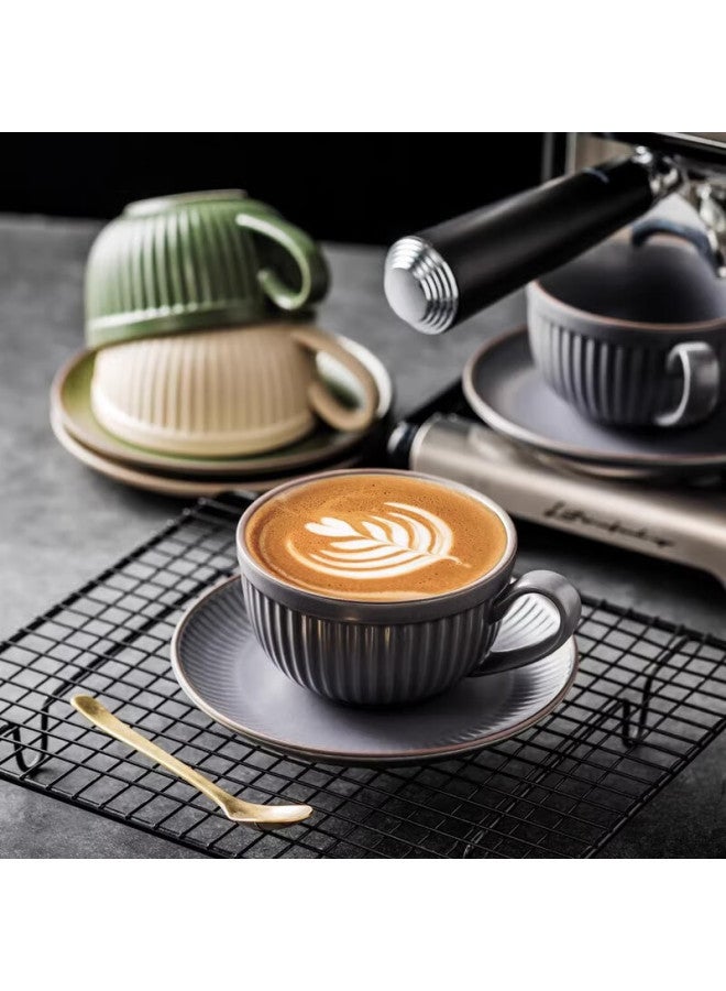 Pinyu Ceramic Coffee Cup Set Latte Art Cup Afternoon Tea Cup French Cup Saucer With Spoon Round Vertical Striped 280Ml - Image 3