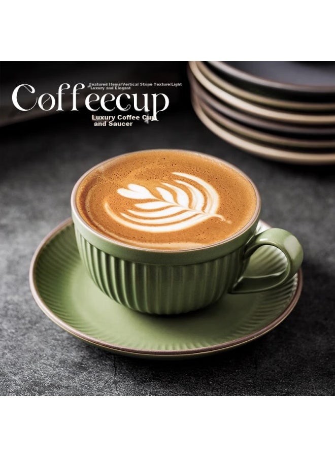 Pinyu Ceramic Coffee Cup Set Latte Art Cup Afternoon Tea Cup French Cup Saucer With Spoon Round Vertical Striped 280Ml - Image 2