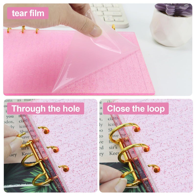 MultiBey A5 Binder 6-Ring Glitter Acrylic Binder Notebook Cover, Gold Metal Round Ring with 45 Sheets Lined Inner Papers, A5 Planner Budget Binder - Image 2