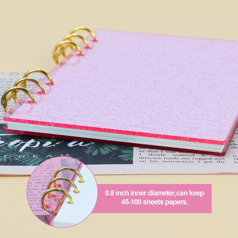 MultiBey A5 Binder 6-Ring Glitter Acrylic Binder Notebook Cover, Gold Metal Round Ring with 45 Sheets Lined Inner Papers, A5 Planner Budget Binder - Image 3