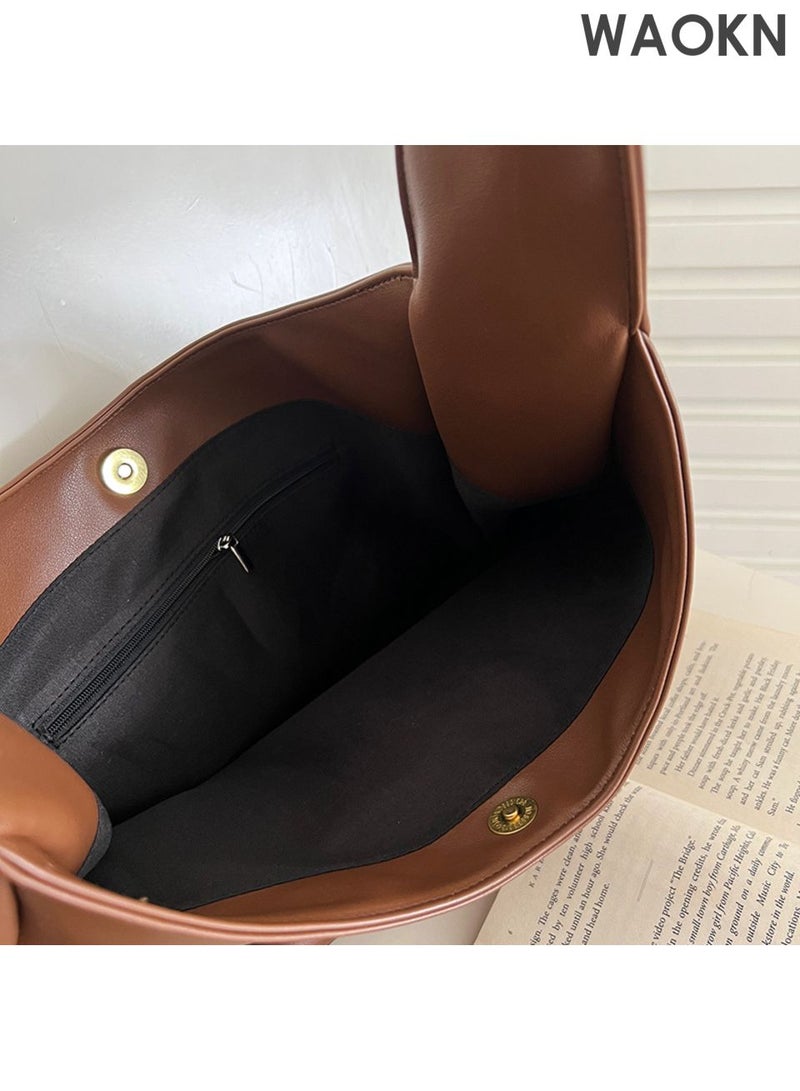 دبليو أيه أو كي أن حقيبة كتف نسائية ورجالية، حقيبة عملية كبيرة السعة، حقيبة يد بتصميم بسيط ولون سادة من مادة البولي يوريثين، حقيبة كتف مناسبة للسيدات والفتيات والشباب وطلاب الجامعات، للجنسين، لون بني، الأبعاد: 25*32*12 سم. - Image 3