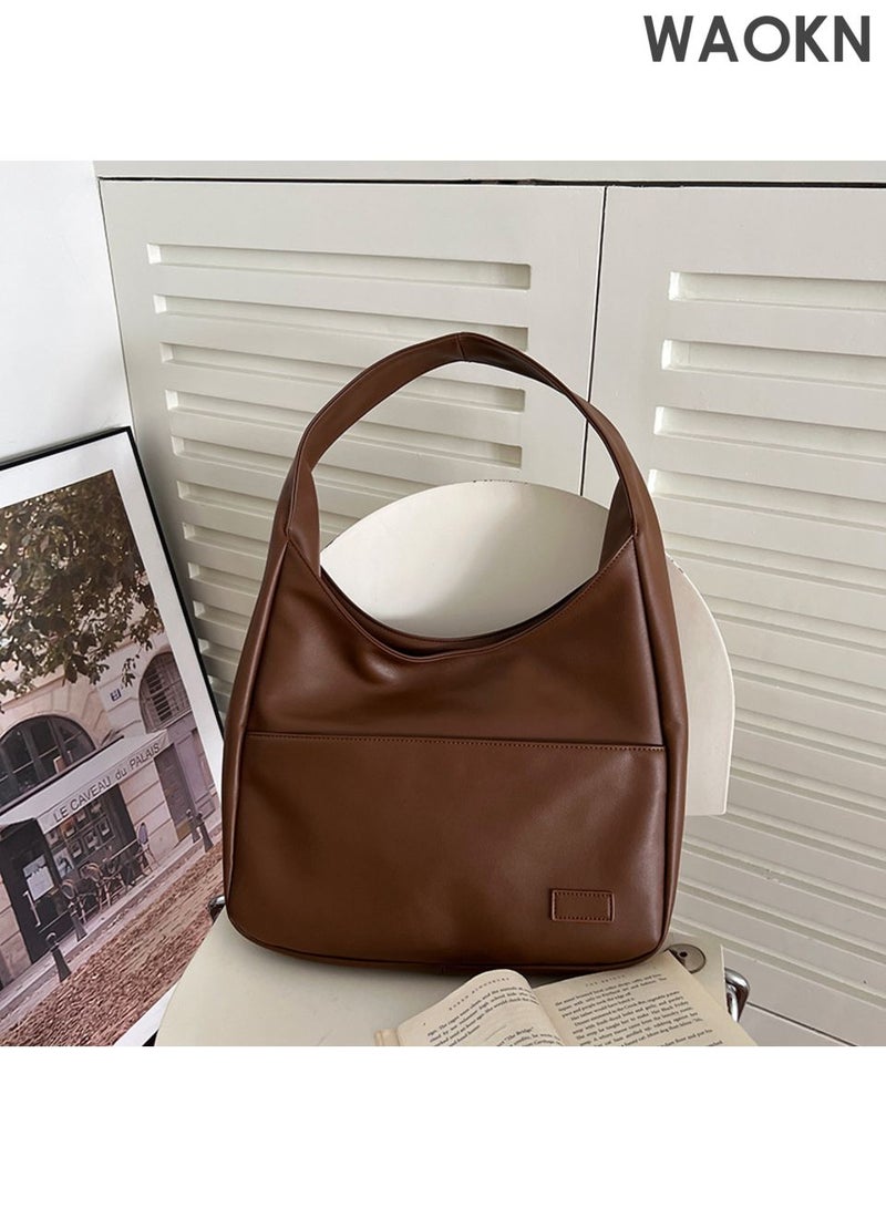 دبليو أيه أو كي أن حقيبة كتف نسائية ورجالية، حقيبة عملية كبيرة السعة، حقيبة يد بتصميم بسيط ولون سادة من مادة البولي يوريثين، حقيبة كتف مناسبة للسيدات والفتيات والشباب وطلاب الجامعات، للجنسين، لون بني، الأبعاد: 25*32*12 سم. - Image 2