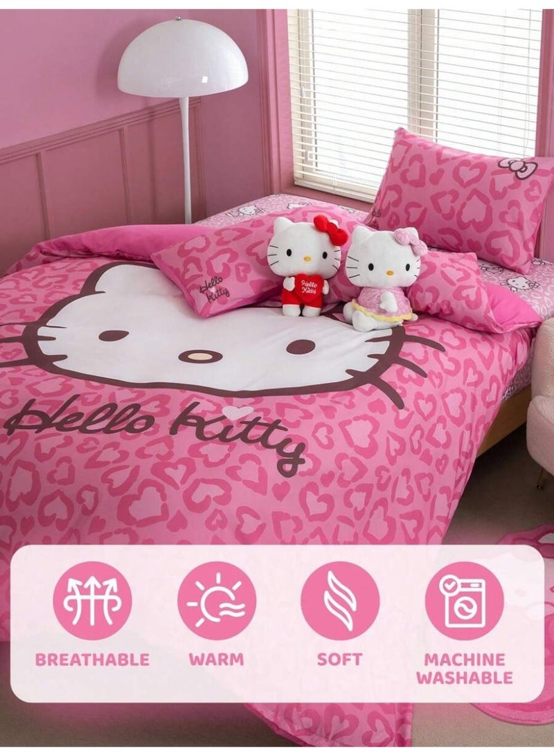 هالو كيتي غطاء لحاف هالو كيتي باللون الوردي – تصميم قلوب كرتوني لطيف – مفارش ناعمة وقابلة للغسل في الغسالة (بدون حشوة) - (150*200 سم) - Image 2