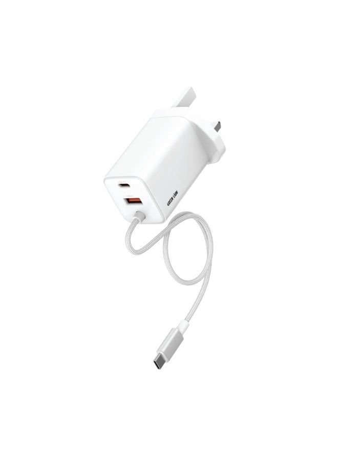GREEN LION Bridge Charge Integrated GaN Adapter PD 65W Built in USB-C Cable /USB-A & USB-C Ports / Cable Length 1.4 m / USB-A Port Output 30W - White - Image 1