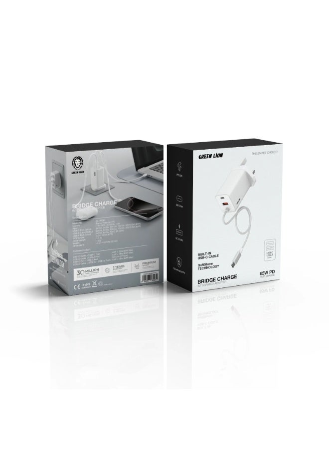 GREEN LION Bridge Charge Integrated GaN Adapter PD 65W Built in USB-C Cable /USB-A & USB-C Ports / Cable Length 1.4 m / USB-A Port Output 30W - White - Image 4