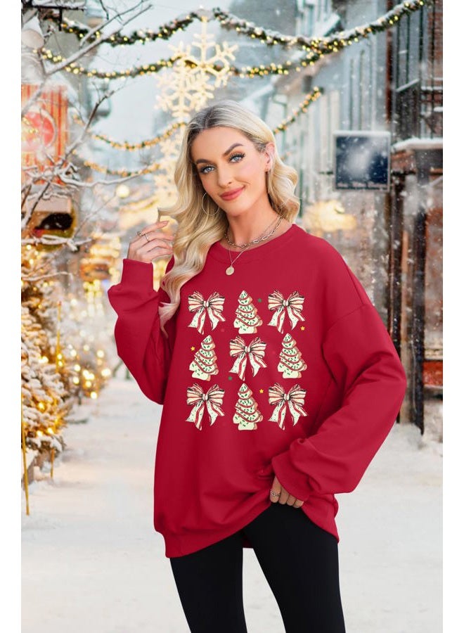 MYHALF Christmas Sweatshirts for Women Crewneck Christmas Bow Pullover Shirt Oversized Holiday Ugly Sweater, Red, XL - Image 4