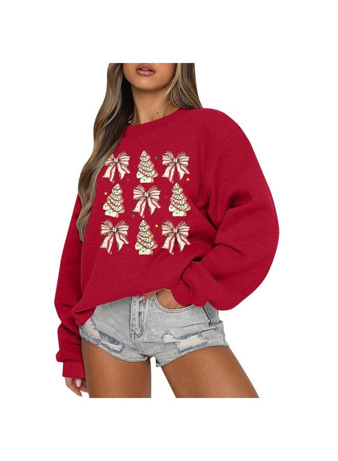 MYHALF Christmas Sweatshirts for Women Crewneck Christmas Bow Pullover Shirt Oversized Holiday Ugly Sweater, Red, XL - Image 1