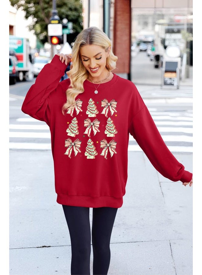 MYHALF Christmas Sweatshirts for Women Crewneck Christmas Bow Pullover Shirt Oversized Holiday Ugly Sweater, Red, XL - Image 2