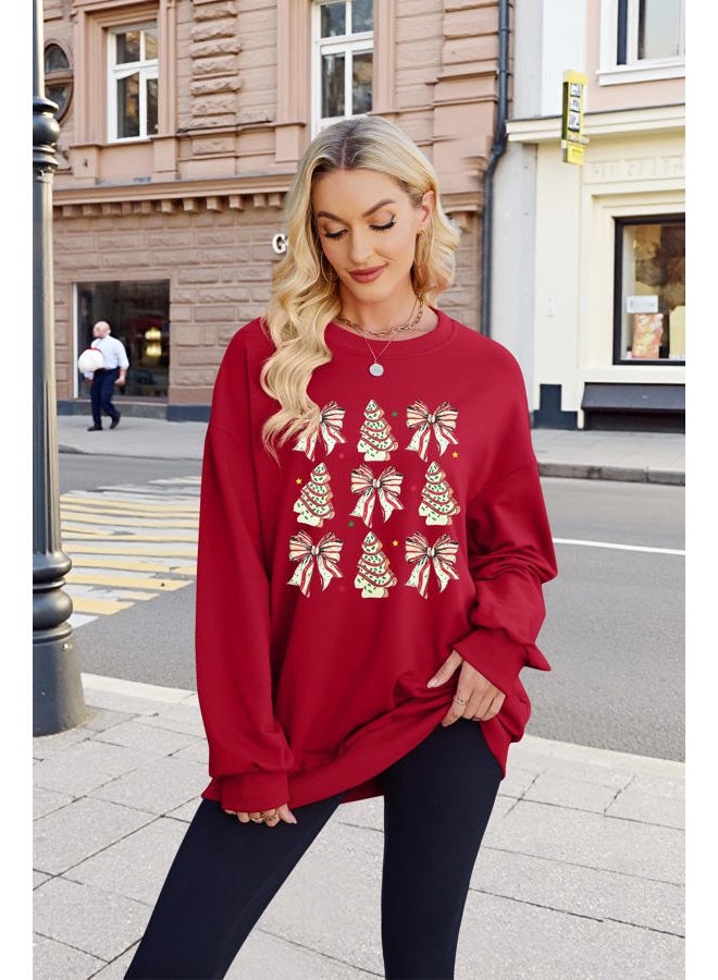 MYHALF Christmas Sweatshirts for Women Crewneck Christmas Bow Pullover Shirt Oversized Holiday Ugly Sweater, Red, XL - Image 3