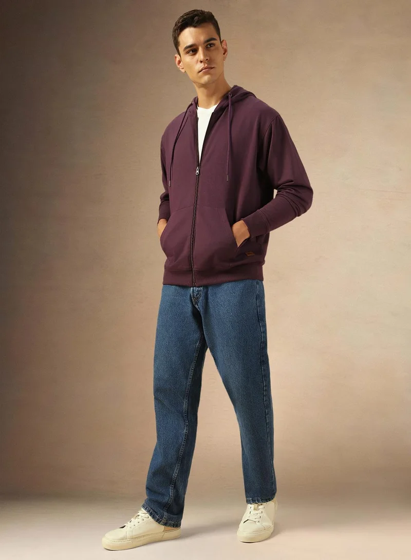 Dennis Lingo Men's Plum Polyester Blend Solid Regular Fit Sweatshirt