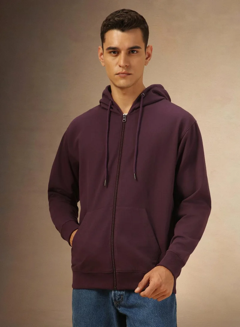 Dennis Lingo Men's Plum Polyester Blend Solid Regular Fit Sweatshirt