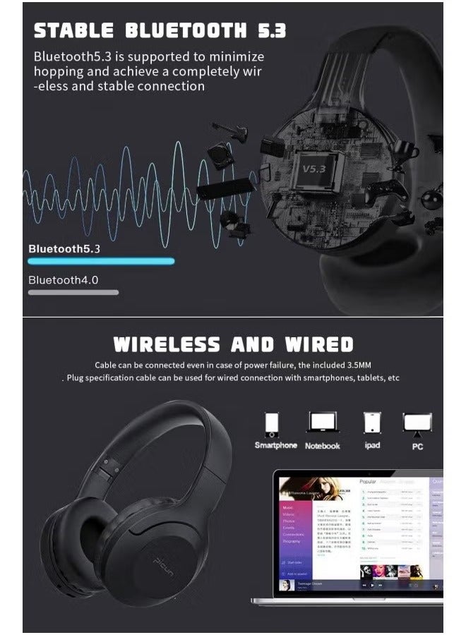 بيكن سماعة ألعاب لاسلكية B-01S، سماعات بلوتوث 5.3، سماعات رأس فوق الأذن، مغلقة، سماعة ألعاب، سلكية ولاسلكية، استخدام مزدوج، تدعم بطاقة Micro SD بسعة تصل إلى 128 جيجابايت، جودة صوت عالية الدقة، صوت جهير عميق، إلغاء الضوضاء، لون أسود - Image 4