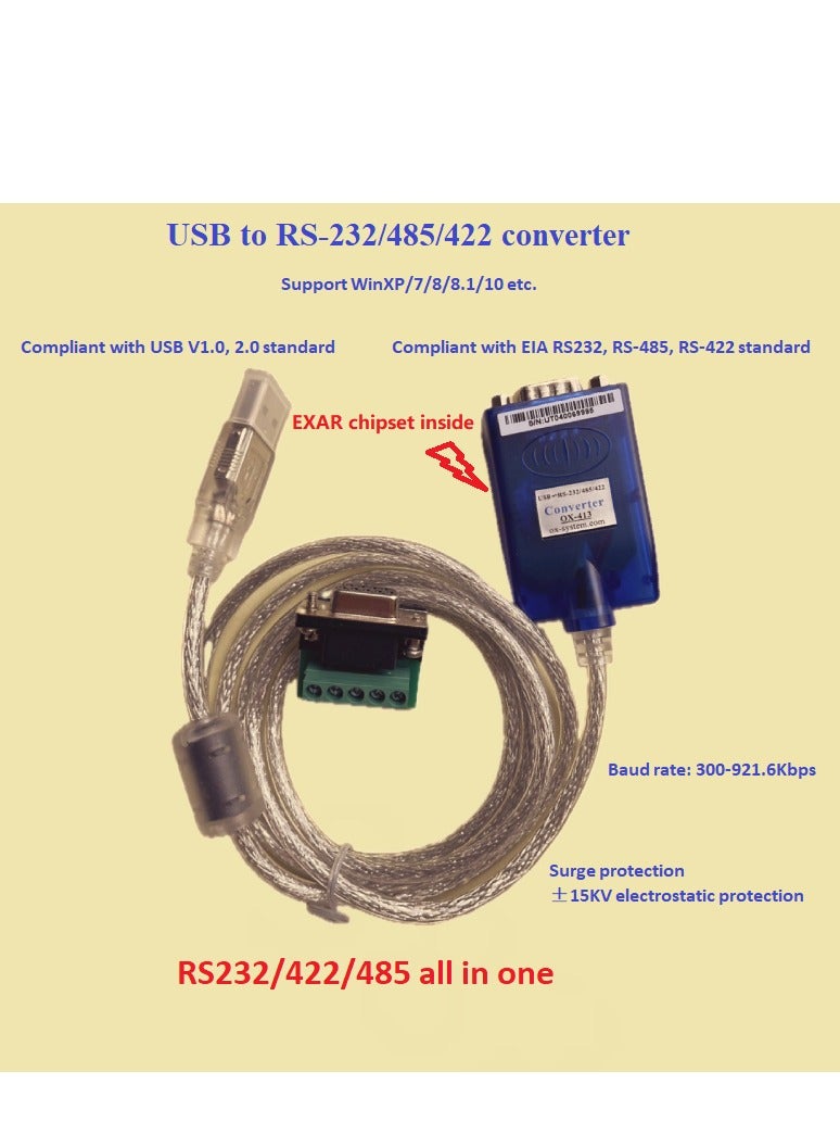 محول USB إلى المنفذ التسلسلي، اختر أحد RS232/422/485، طول 1.5 متر، لا حاجة لمصدر طاقة خارجي، مضاد للطفرة الساكنة من الدرجة الصناعية، معدل باود 300-921.6K، لا حاجة لبرنامج تشغيل لأنظمة WIN10 أو أعلى - Image 1