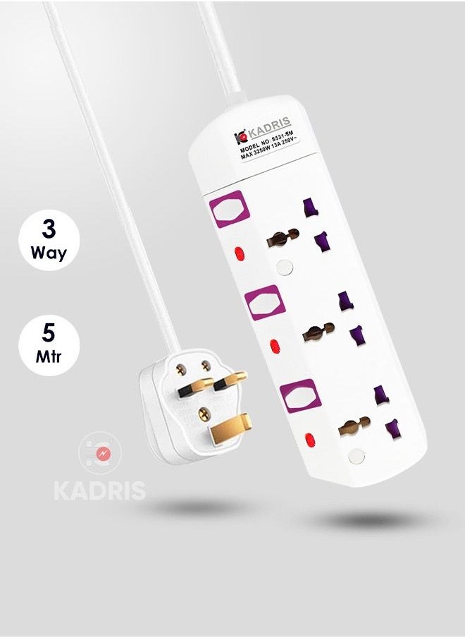 Kadris UAE Approved 3 Way Extension Socket 5 Meter Cable Multi Adapter