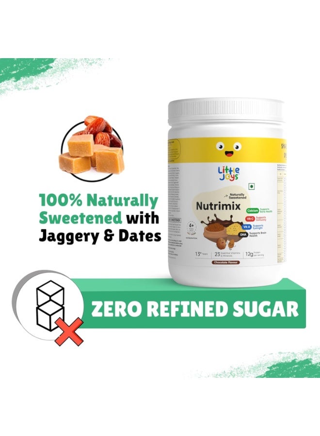 Little Joys Chocolate Nutrimix 13+ (350g) | Naturally Sweetened with Dates & Jaggery | With 23 Essential Vitamins & Minerals | 12g Protein per Serving | Supports Healthy Growth & Boosts Immunity | With Ragi, Millet, Almonds & Oats | Chocolate Flavour Nutrition Drink Powder - Image 5