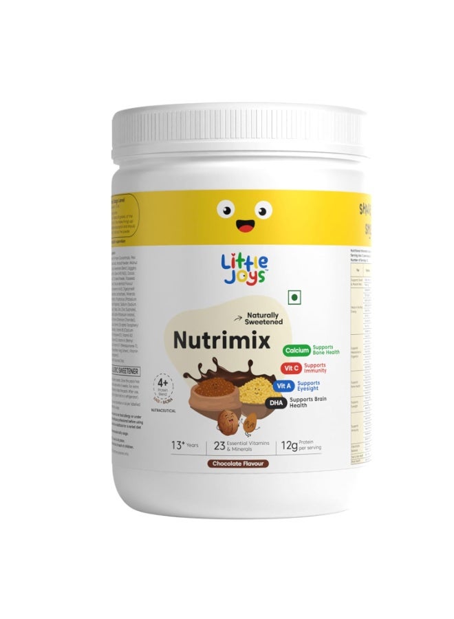 Little Joys Chocolate Nutrimix 13+ (350g) | Naturally Sweetened with Dates & Jaggery | With 23 Essential Vitamins & Minerals | 12g Protein per Serving | Supports Healthy Growth & Boosts Immunity | With Ragi, Millet, Almonds & Oats | Chocolate Flavour Nutrition Drink Powder - Image 1