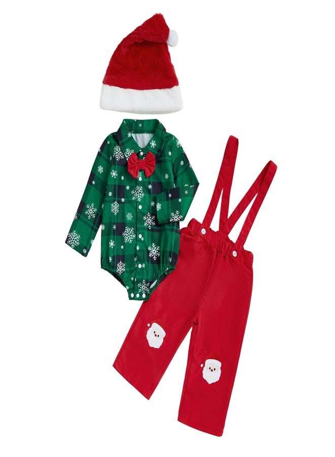 Giraropa My First Christmas Baby Boy Outfit Plaid Romper Sweater Sweatsuit Long Sleeve Suspender Overalls 3Pcs Pants Hat Set (Green, 3-6 Months) - Image 1