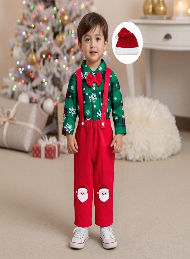 Giraropa My First Christmas Baby Boy Outfit Plaid Romper Sweater Sweatsuit Long Sleeve Suspender Overalls 3Pcs Pants Hat Set (Green, 3-6 Months) - Image 2