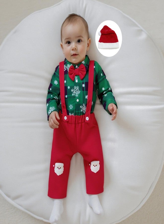 Giraropa My First Christmas Baby Boy Outfit Plaid Romper Sweater Sweatsuit Long Sleeve Suspender Overalls 3Pcs Pants Hat Set (Green, 3-6 Months) - Image 3