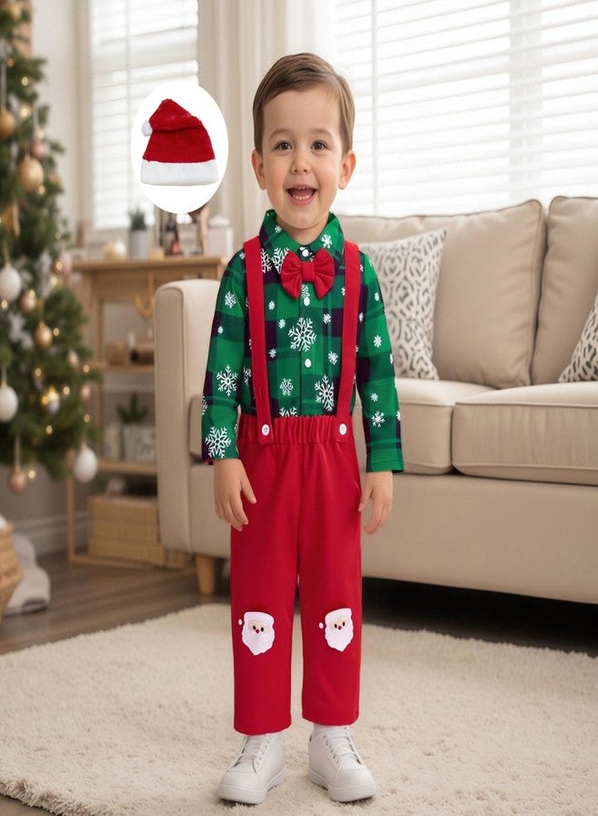 Giraropa My First Christmas Baby Boy Outfit Plaid Romper Sweater Sweatsuit Long Sleeve Suspender Overalls 3Pcs Pants Hat Set (Green, 3-6 Months) - Image 4