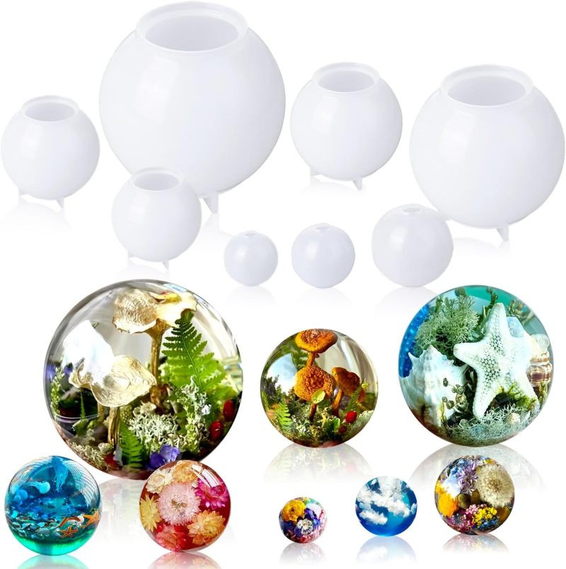 Silicone Resin Molds 8 Pc White Seamless 3D Epoxy Resin Molds - Large Spherical Resin Molds for Diy Craft Preservation - Image 1