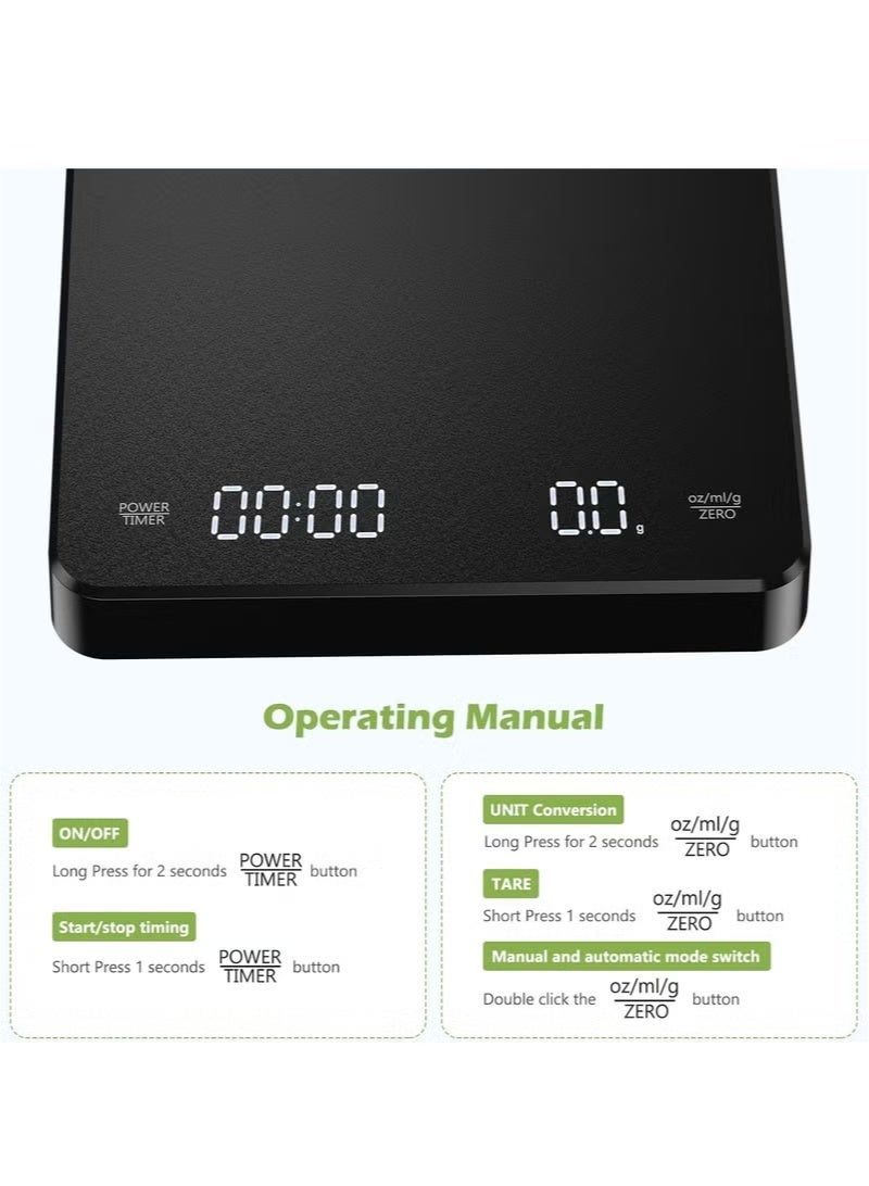 Digital coffee scale with timer, 3kg/0.1g rechargeable kitchen scale, with concealed screen, tare function and automatic on/off function, measuring units are grams/ounces/milliliters (black). - Image 2